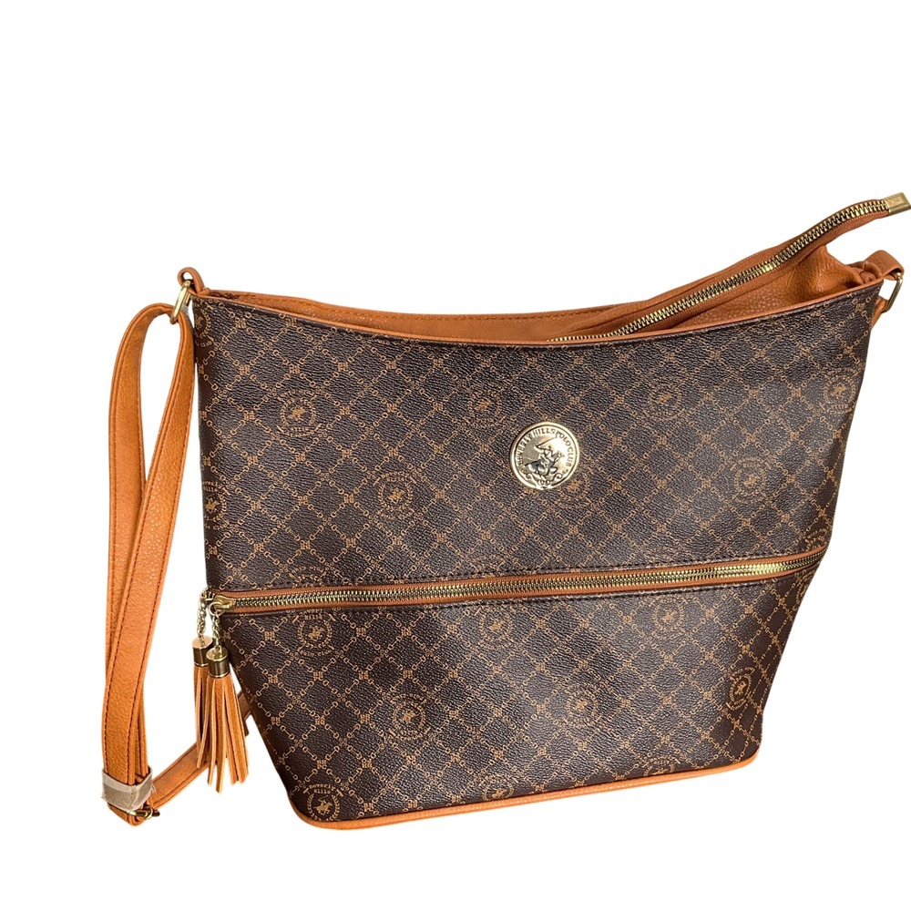 Beverly Hills Polo Club Bag Women Large Brown Hobo Monogram Tassel Shoulder Bag